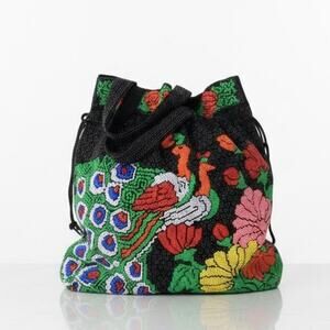 Vintage Microbead Peacock Floral Bucket Bag One Size